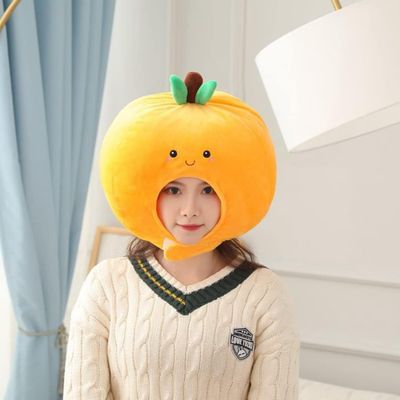 HIPIHOM Plush Fruit Headgear Hat Funny Novelty Hat Sleeping Pillow Toy Stuffed Cap Photo Props Warm Cosplay Costume Head Accessories (Orange)
