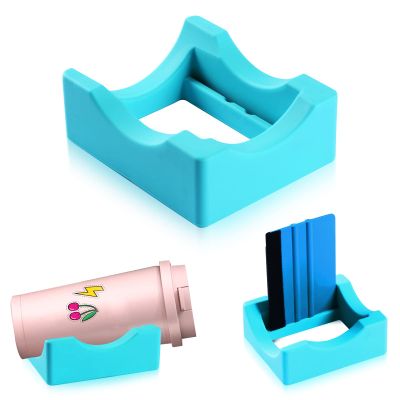 Silicone Cup Cradle for Tumblers with Built-in Slot, Tumbler Holder for Crafts Use to Apply Vinyl Decals for Tumblers, Small Tumbler Stand Cup Holder with Felt Edge Squeegee for Cups BottlesCyan