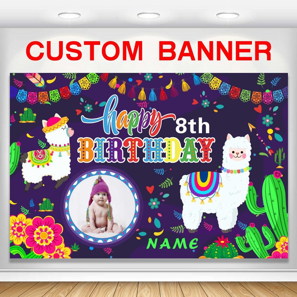 Custom Llama Cactus Happy Birthday Party Decorations Supplies Personalized Mexican Llama Cactus Birthday Backdrop Banner(6x9ft)