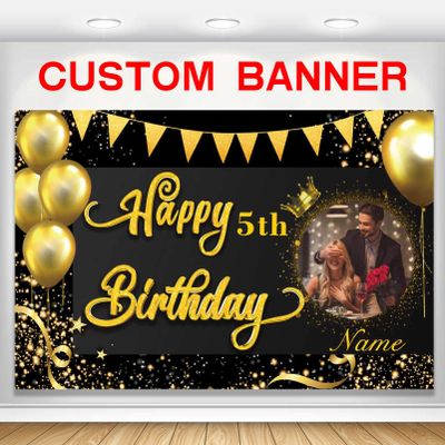 Custom Black and Gold Happy Birthday Party Decorations Supplies Personalized Black and Gold Birthday Backdrop Banner(6x9ft)