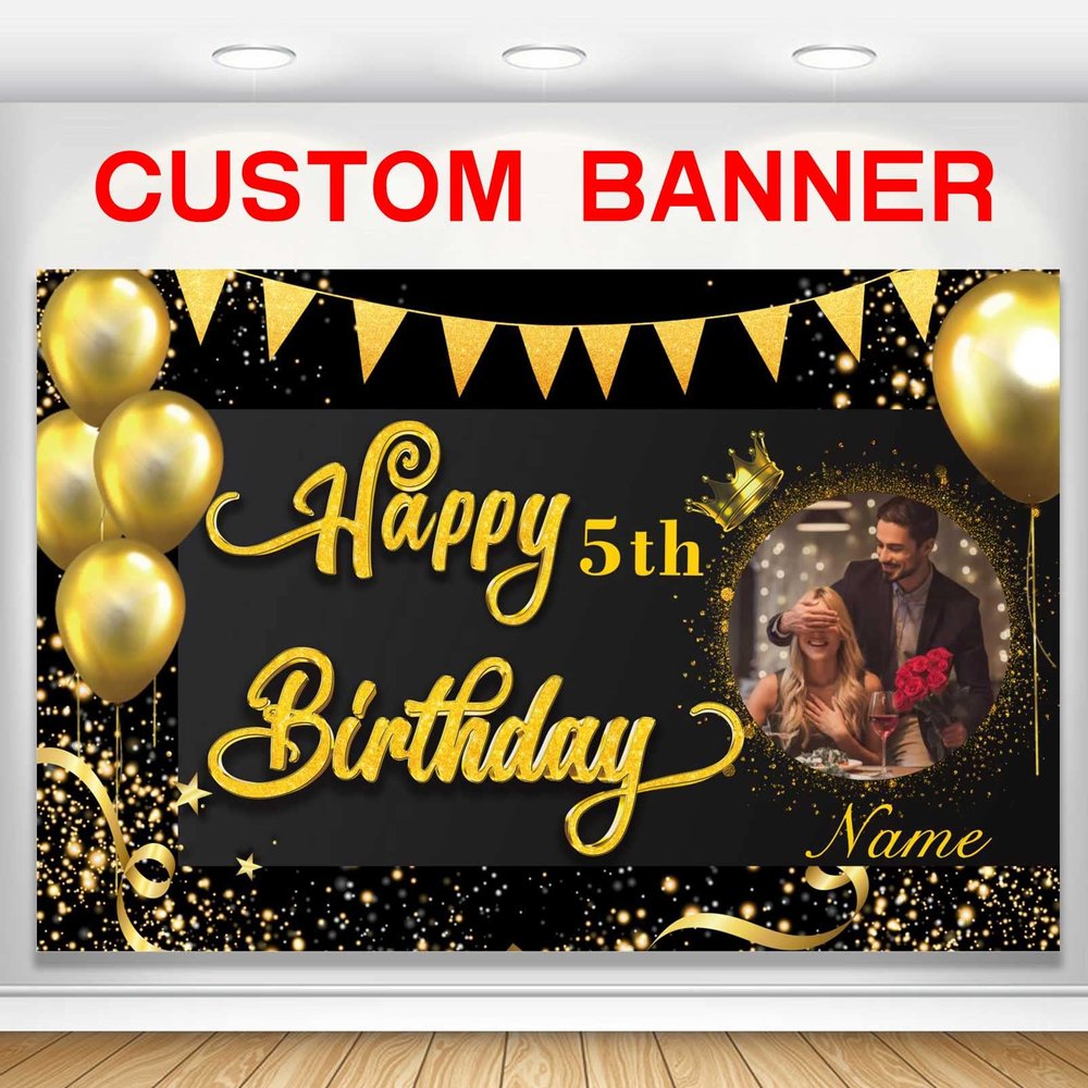 Custom Black and Gold Happy Birthday Party Decorations Supplies Personalized Black and Gold Birthday Backdrop Banner(6x9ft)