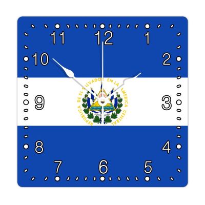 12x12in Decorative Wall Square Wood Clock National Flag Arabic Numerals Clock Silent Non-Ticking Battery Operated Clock El Salvador Farmhouse Clock for Cottage Living Room Bedroom Wall Decorations