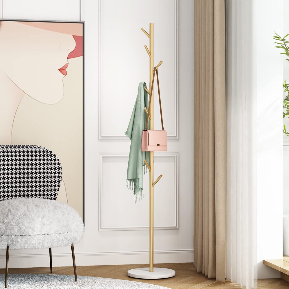 DOORXIFO Gold Coat Racks, Metal Coat Rack Freestanding with Hooks, Entryway Coat Rack Stand, Coat Racks with Marble Base, Coat Tree for Hanging Clothes, Hats, Bags