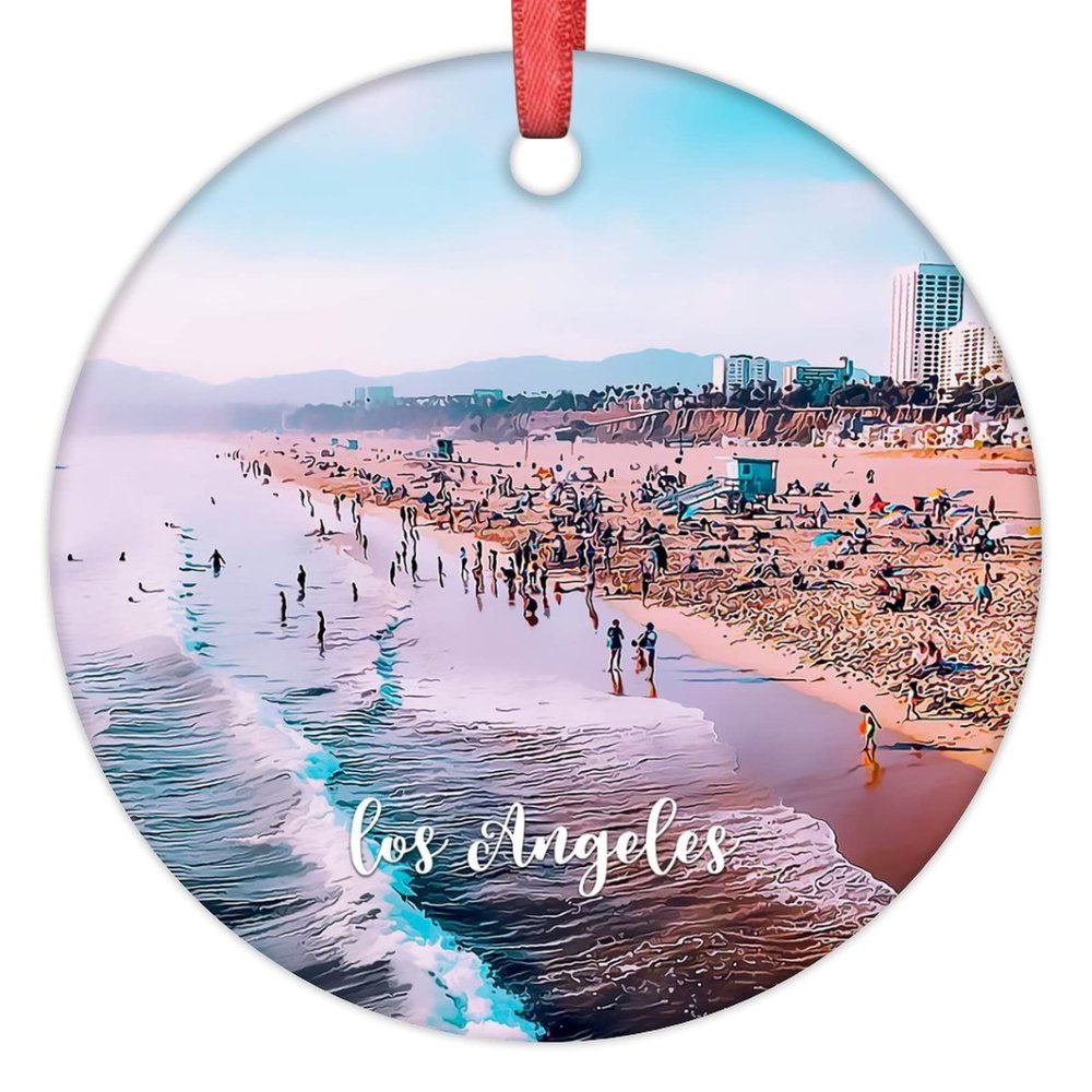 Los Angeles Beach Ornament for Christmas Tree Decor California USA Cityscape Christmas Ornament 2022 Travel Souvenir Ceramic Hanging Ornaments Christmas Keepsake New Year Gifts 3 Inch