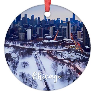 Chicago Christmas Decorations for Tree Illinois USA Downtown Cityscape Christmas Ornament 2022 Travel Souvenir Ceramic Hanging Ornaments Christmas Keepsake New Year Gifts 3 Inch