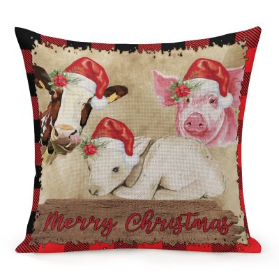 TiuKiu Cow Pig Sheep Santa Hat Decorative Throw Pillow Case Merry Christmas Farm Animals Square Cushion Cover Pillowcase for Couch Sofa Bedroom Decor 24"x24"