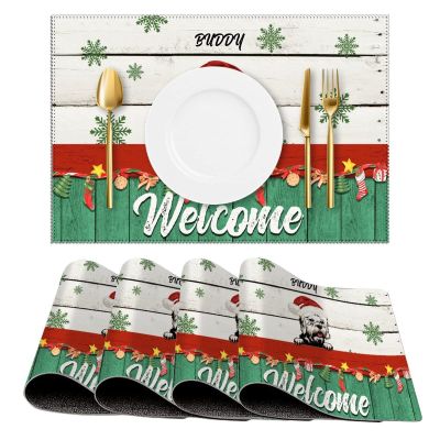 Personalized Dog Christmas Santa Welcome Rectangle Placemats Set of 4, 12" X 18" Canvas Farmhouse Xmas Dog Mom Gift Table Mats Decorative Placemats for Dining Table,Decorative Mats,Housewarming