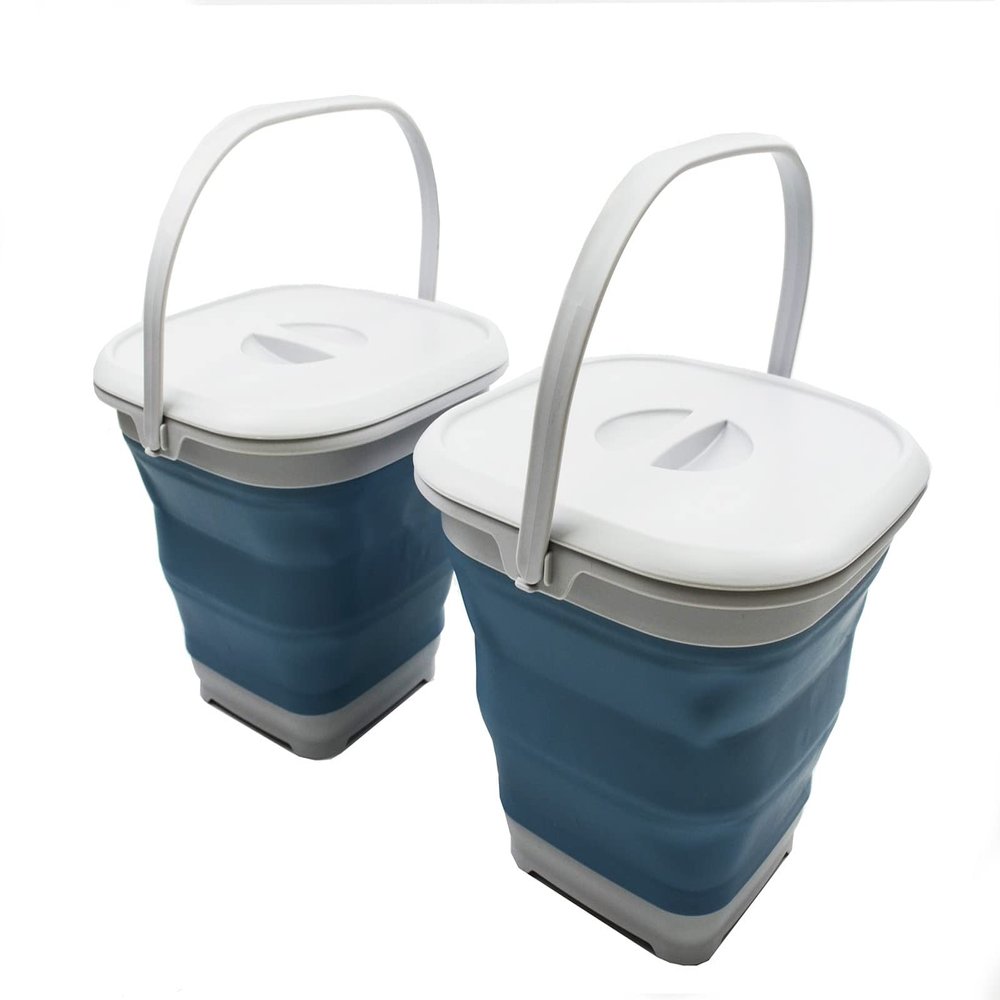 SAMMART 8.5L (2.2 Gallon) Collapsible Square Handy Bucket with Lid/Foldable Square Water Pail with Lid/Portable Tub with Handle and Lid (Grey/Steel Blue (Set of 2))