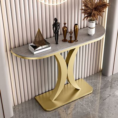 KWOKING Glam Half Moon Accent Table with Stone Top and Iron Pedestal Base Slate Entry Porch Cabinet Living Room Decoration Wall Art Strip Table Gray Top Gold Base 59" L x 12" W x 31" H