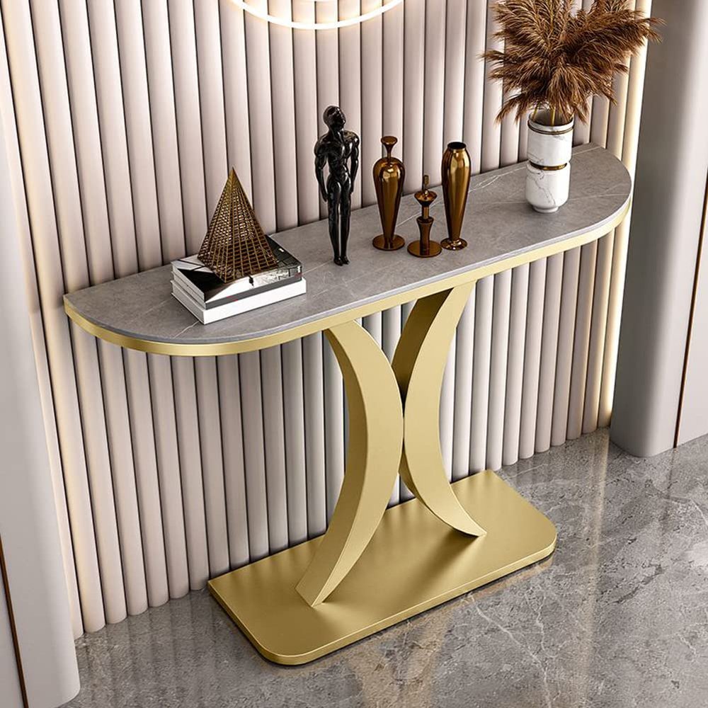 KWOKING Glam Half Moon Accent Table with Stone Top and Iron Pedestal Base Slate Entry Porch Cabinet Living Room Decoration Wall Art Strip Table Gray Top Gold Base 59" L x 12" W x 31" H