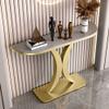 KWOKING Glam Half Moon Accent Table with Stone Top and Iron Pedestal Base Slate Entry Porch Cabinet Living Room Decoration Wall Art Strip Table Gray Top Gold Base 59" L x 12" W x 31" H view 1