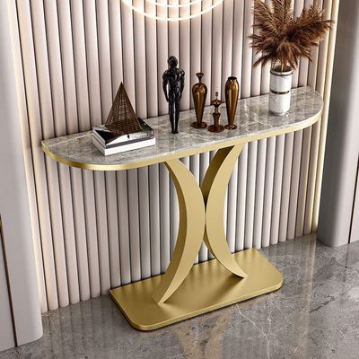 KWOKING Glam Half Moon Accent Table with Stone Top and Iron Pedestal Base Slate Entry Porch Cabinet Living Room Decoration Wall Art Strip Table Brown Top Gold Base 59" L x 12" W x 31" H
