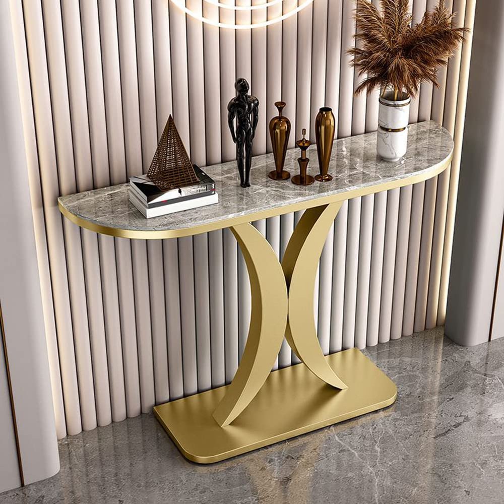 KWOKING Glam Half Moon Accent Table with Stone Top and Iron Pedestal Base Slate Entry Porch Cabinet Living Room Decoration Wall Art Strip Table Brown Top Gold Base 59" L x 12" W x 31" H