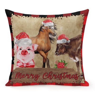TiuKiu Decorative Throw Pillow Cover Merry Christmas Farm Animals Home Decor Cow Pig Sheep Santa Hat Cushion Pillowcase 22"x22" Square Pillow Case for Couch Outdoor Sofa Bedroom Office Car Decor