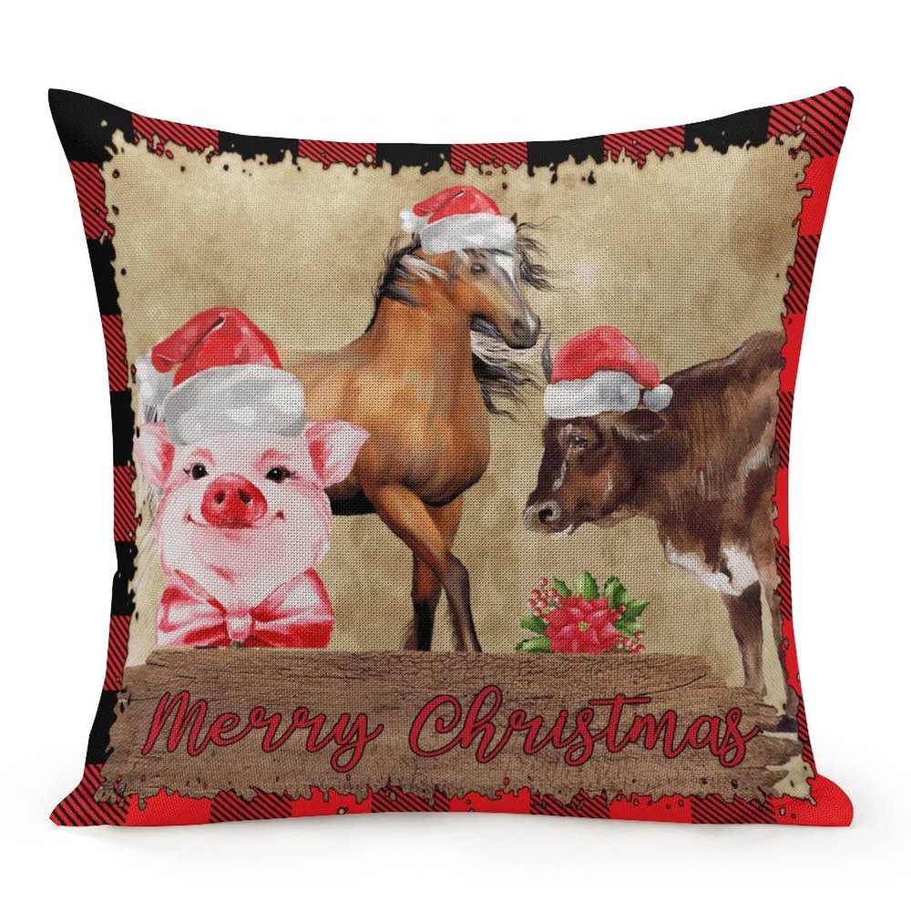 TiuKiu Decorative Throw Pillow Cover Merry Christmas Farm Animals Home Decor Cow Pig Sheep Santa Hat Cushion Pillowcase 22"x22" Square Pillow Case for Couch Outdoor Sofa Bedroom Office Car Decor