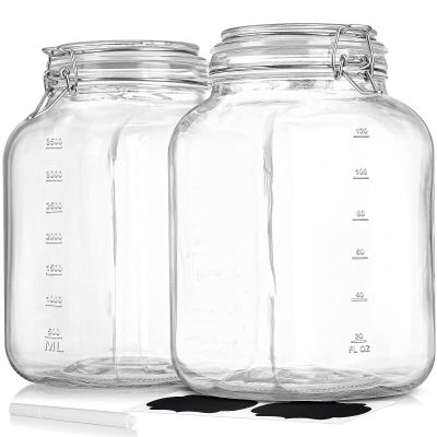 2 Pack 1 Gallon Square Super Wide-Mouth Glass Jars with Airtight Lids - Glass Storage Jars with 2 Measurement Mark - Canning Jars with Large Capacity, Sturdy For Canning, Overnight Oats, 4200 ML
