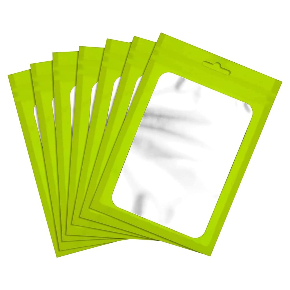 LKXHarleya 50pcs Colorful Metallic Mylar Bags Resealable Foil Pouch Bags with Clear Window for Jewelry Display Food Storage,Green,3.5" x 4.7"