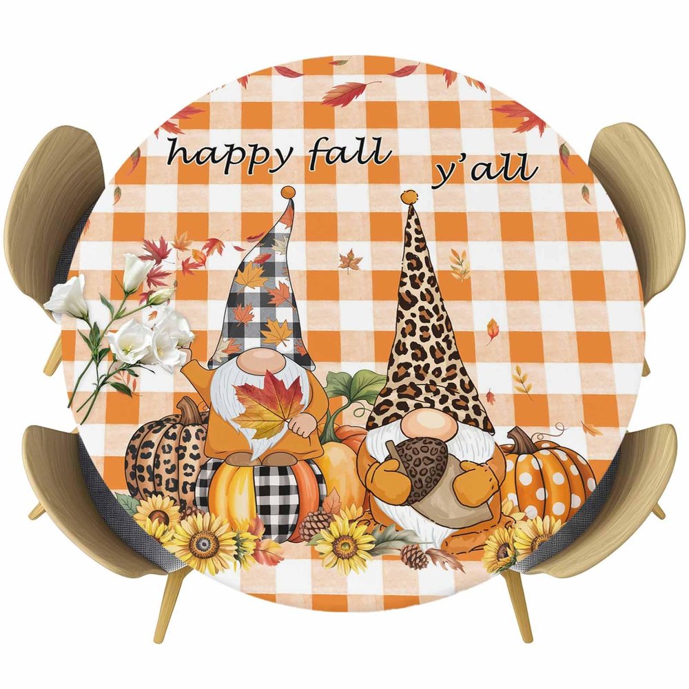 Round Table Cover 55-60 Inch, Waterproof Reusable Table Cloth Round Fitted Vinyl Tablecloth with Elastic Edged for Party, Happy Fall Y'all with Autumn Harvest Pumpkins Sunflower Black White Plaid