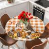 Round Table Cover 55-60 Inch, Waterproof Reusable Table Cloth Round Fitted Vinyl Tablecloth with Elastic Edged for Party, Happy Fall Y'all with Autumn Harvest Pumpkins Sunflower Black White Plaid view 2