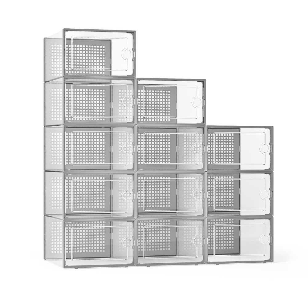 Kuject X-Large Shoe Storage Boxes Organizers Clear Plastic Stackable 12 Pack, Shoe Rack & Holder Substitute, Sneaker Containers, Toy Storage Organizer Bins for Entryway, Closet, Under Bed, Grey