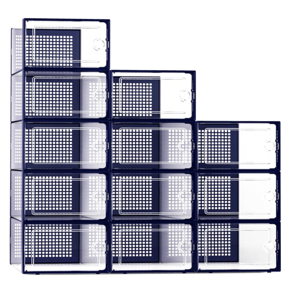 Kuject X-Large Shoe Storage Boxes Organizers Clear Plastic Stackable 12 Pack, Shoe Rack & Holder Substitute, Sneaker Containers, Toy Storage Organizer Bins for Entryway, Closet, Under Bed, Blue