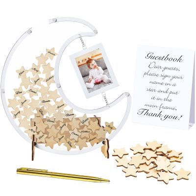 Yookeer Moon Guest Book with Wood Star Cutouts Baby Shower Alternative Guest Books with Photo Frame for Baby Shower Wedding Birthday Parties Keepsake(Large,Clear)
