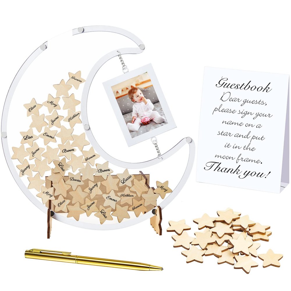 Yookeer Moon Guest Book with Wood Star Cutouts Baby Shower Alternative Guest Books with Photo Frame for Baby Shower Wedding Birthday Parties Keepsake(Large,Clear)
