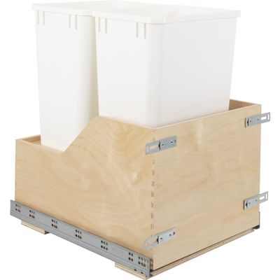 Double 50 Quart Wood Bottom-Mount Soft-Close Trashcan Pullout for Door Mounting, Includes Two White Cans