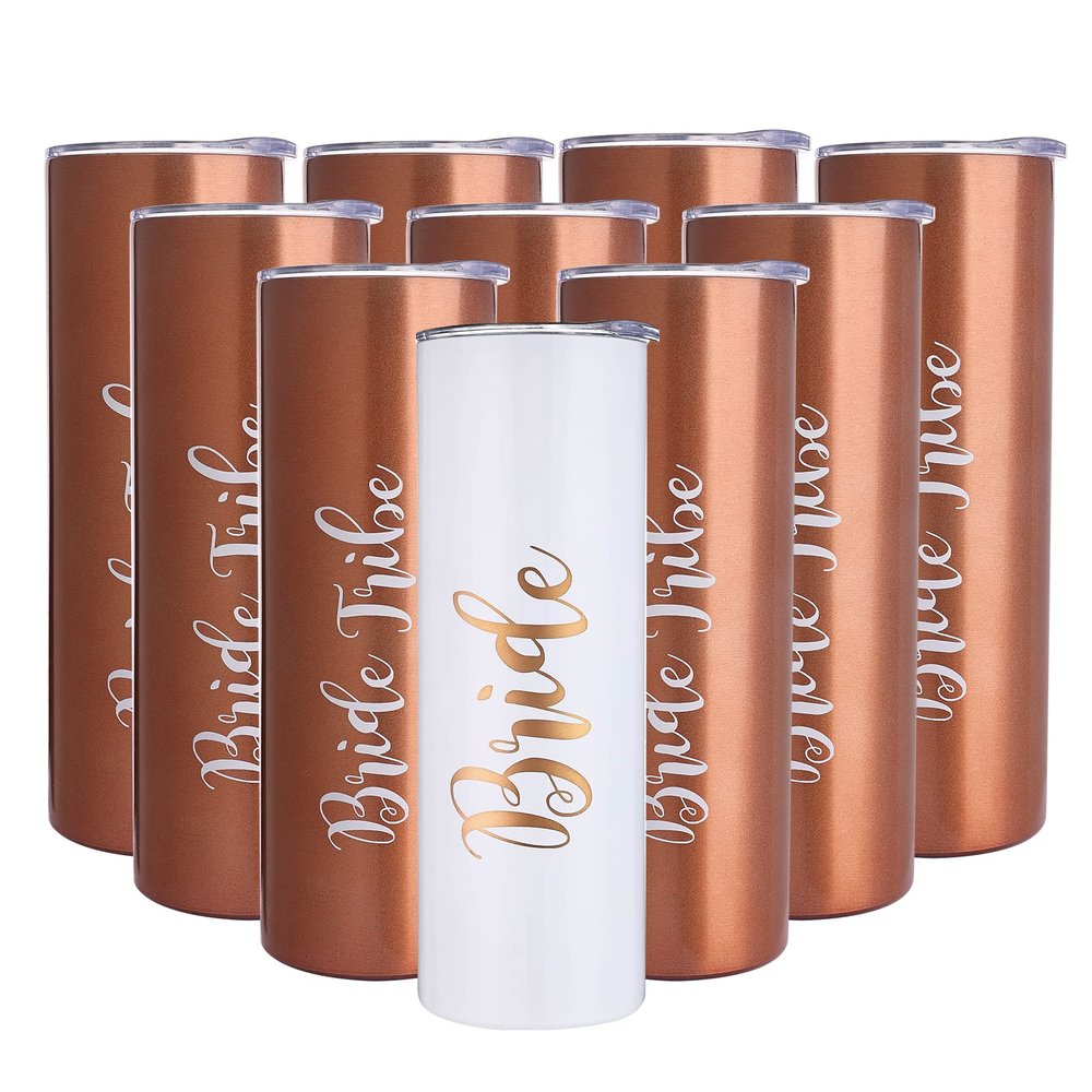 10 Pack Bride to Be Skinny Tumbler | 20 oz Bride Tribe Stainless Steel Wine Tumblers | Engagement Wedding Gifts Bridesmaids Mugs Bachelorette Party Supplies & Games