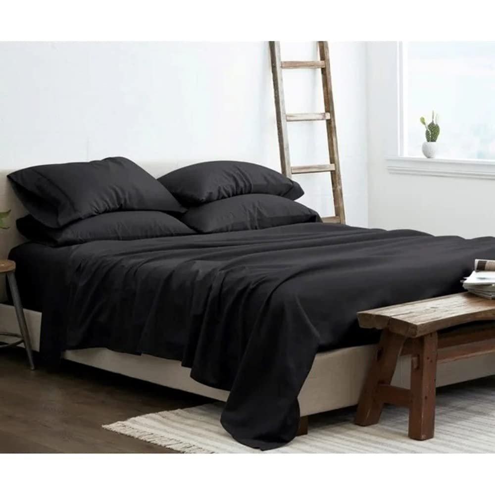 Jet Black Super Silky Soft Rayon from Bamboo Bed Sheet Set with Deep Pockets | Cal King Size, 6 Piece Luxurious & Comfortable Quatrefoil Design | Durable All Season Aesthetic Bedding Fine & Smooth