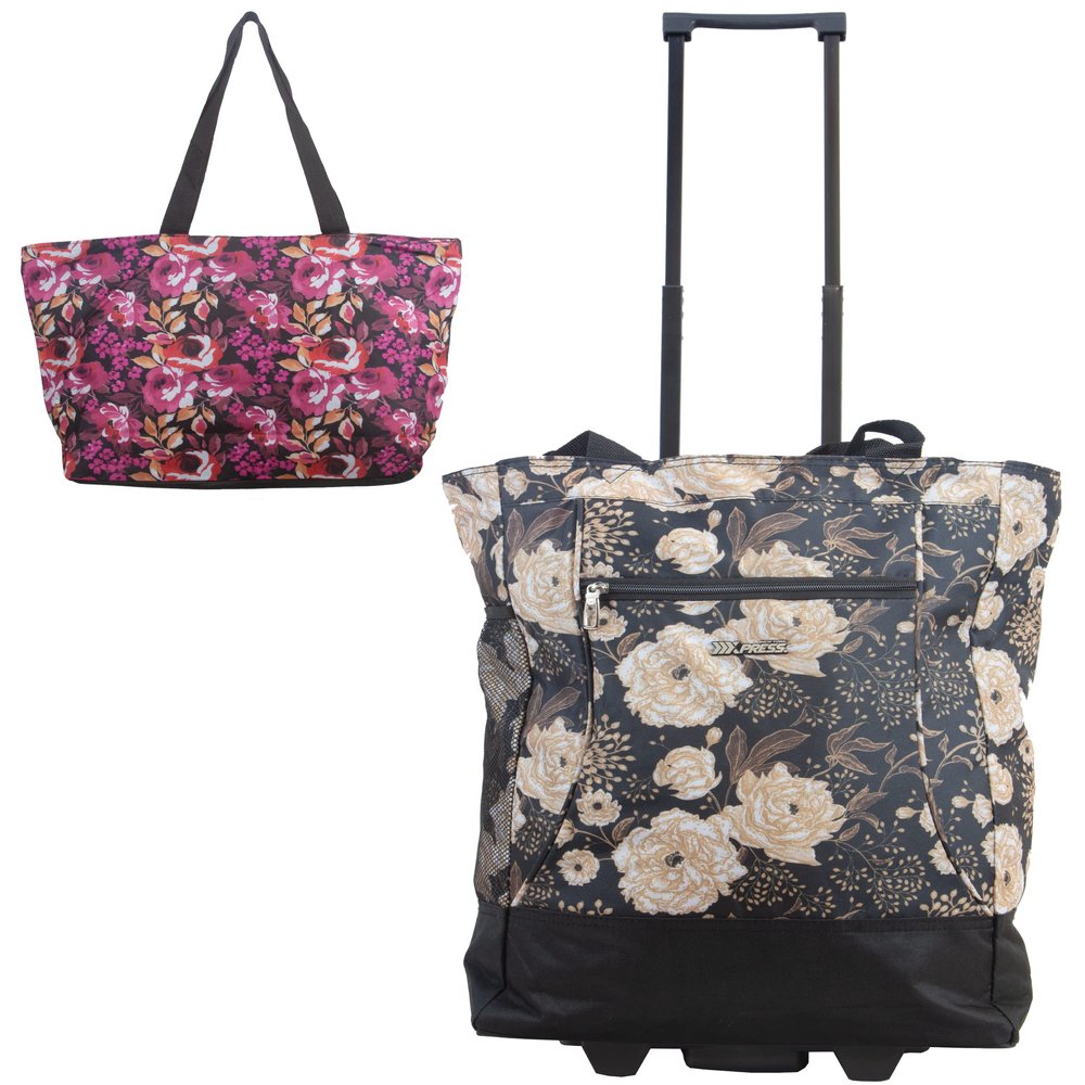 New York XPress 2-in-1,Portable and Push-Rolling Tote Bag/Rolling Tote with Wheels and Handle/Shopping Tote Bag for wowen,Pink Floral/White Floral