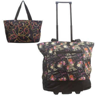New York XPress 2-in-1,Portable and Push-Rolling Tote Bag/Rolling Tote with Wheels and Handle/Shopping Tote Bag for wowenChains/Paris Floral