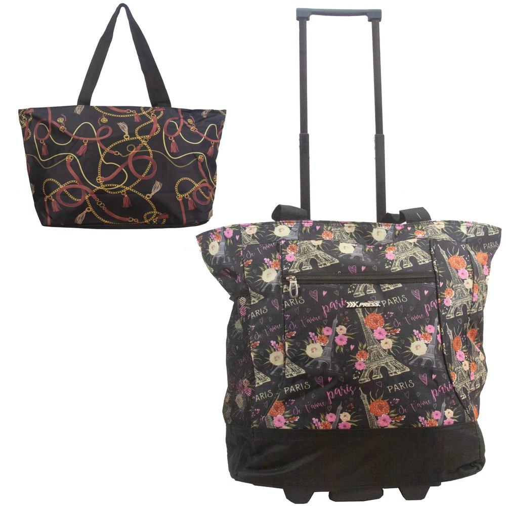 New York XPress 2-in-1,Portable and Push-Rolling Tote Bag/Rolling Tote with Wheels and Handle/Shopping Tote Bag for wowenChains/Paris Floral