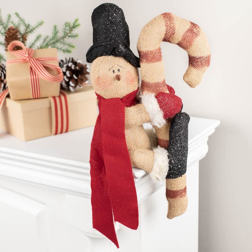 Factory Direct Craft Rustic Burlap Snowman and Candy Cane Shelf Sitter for Holiday Decorating and Christmas Gifting