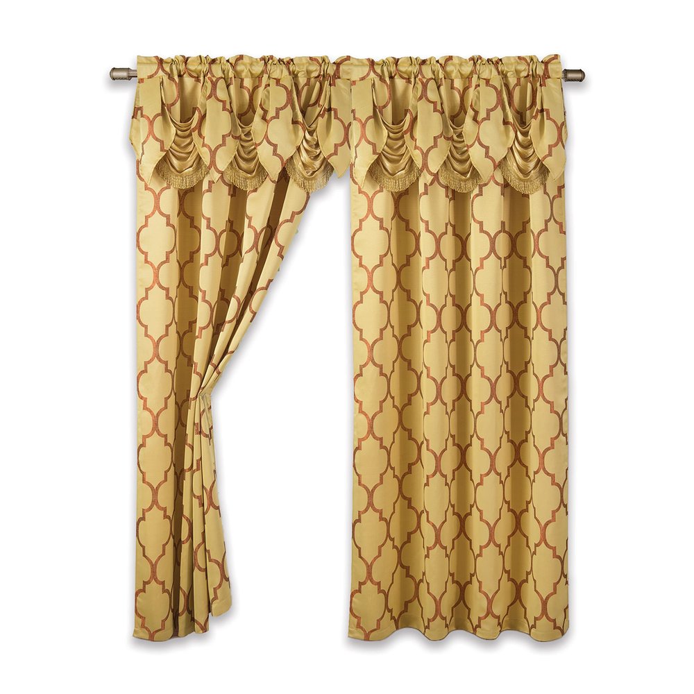 Elegant Comfort Moroccan Trellis Print, Jaquard Look Curtain Panels with Attached Pleated Valance, with 2inch Rod Pocket for Bedroom, Living Room (54 X 84-inches Long, Set of 2), Gold
