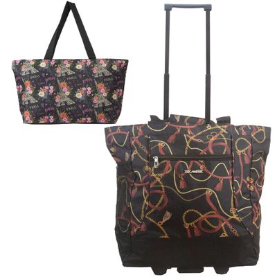 New York XPress 2-in-1,Portable and Push-Rolling Tote Bag/Rolling Tote with Wheels and Handle/Shopping Tote Bag for wowen(Paris/Chains)