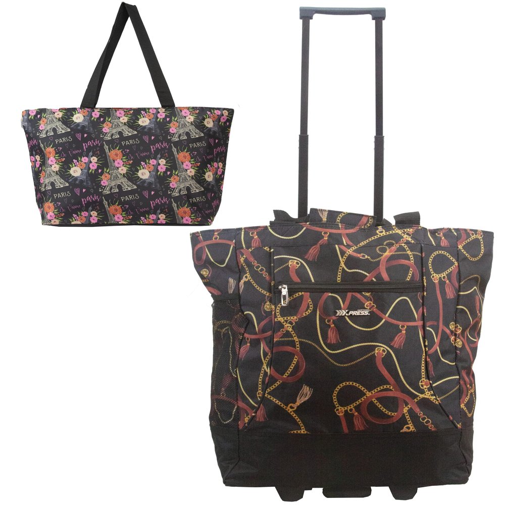 New York XPress 2-in-1,Portable and Push-Rolling Tote Bag/Rolling Tote with Wheels and Handle/Shopping Tote Bag for wowen(Paris/Chains)