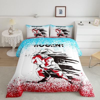 Feelyou Ice Hockey Comforter Set Ice Sports Games Bedding Set Hockey Player Comforter Ink and Water Pattern Quilted Duvet Set for Kids Boys Girls Full Size Bedding Collection 3Pcs