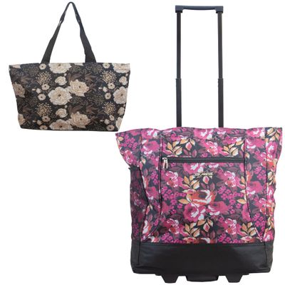 New York XPress 2-in-1,Portable and Push-Rolling Tote Bag/Rolling Tote with Wheels and Handle/Shopping Tote Bag for wowen#White Floral/Pink Floral