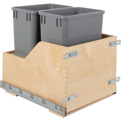 Hardware Resources Double 35 Quart Wood Bottom-Mount Soft-close Trashcan Pullout for Door Mounting, includes Two Grey Cans