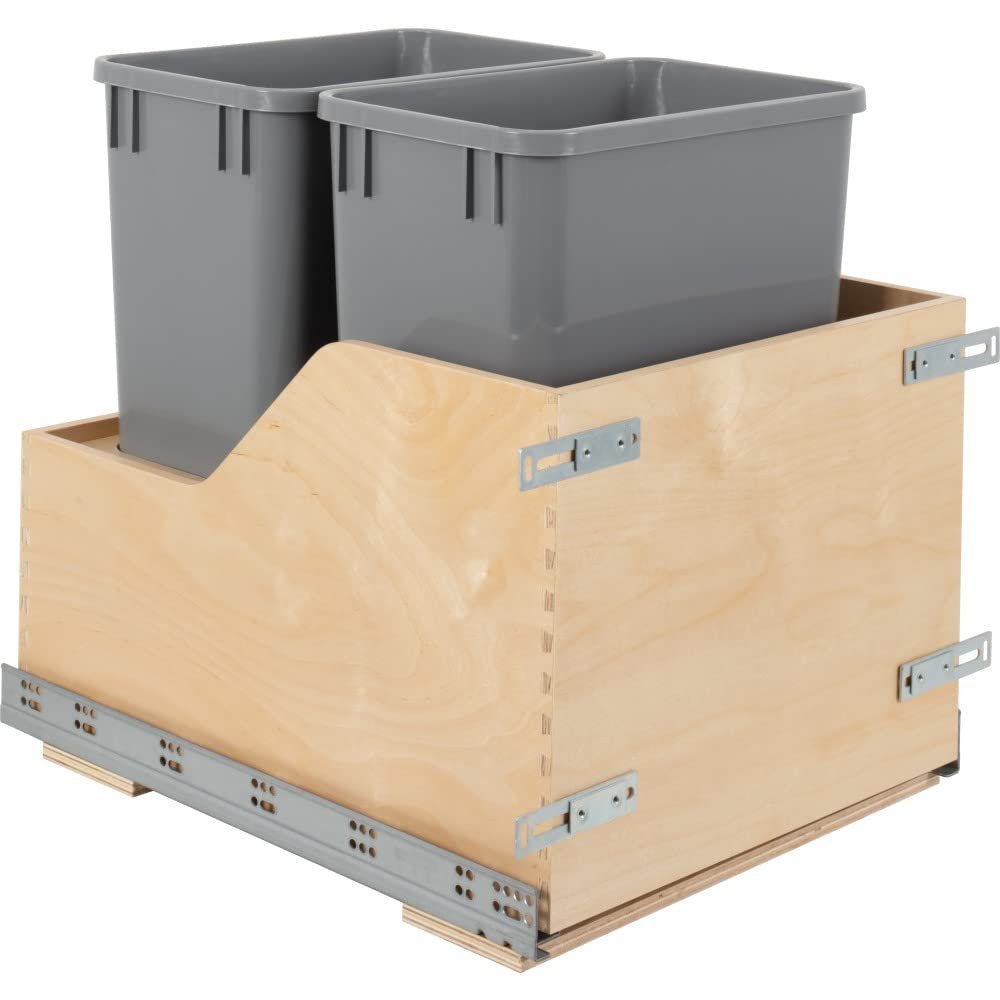 Hardware Resources Double 35 Quart Wood Bottom-Mount Soft-close Trashcan Pullout for Door Mounting, includes Two Grey Cans