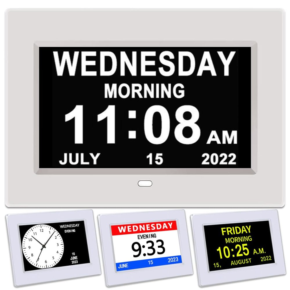 AINFTIME DST Clock with Day and Date for Elderly-3 Display Digital Calendar Alarm Day Dementia Alzheimers Clock with Extra Large Display (7in White)