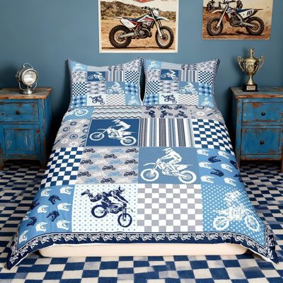 Dirt Bike Duvet Cover,Motocross Racer Bedding Set,Blue and Gray Grid Comforter Cover for Boys Girls Kids Room Decor,Stripes Square Bedspread Cover Twin Size with 1 Pillow Case(No Comforter)