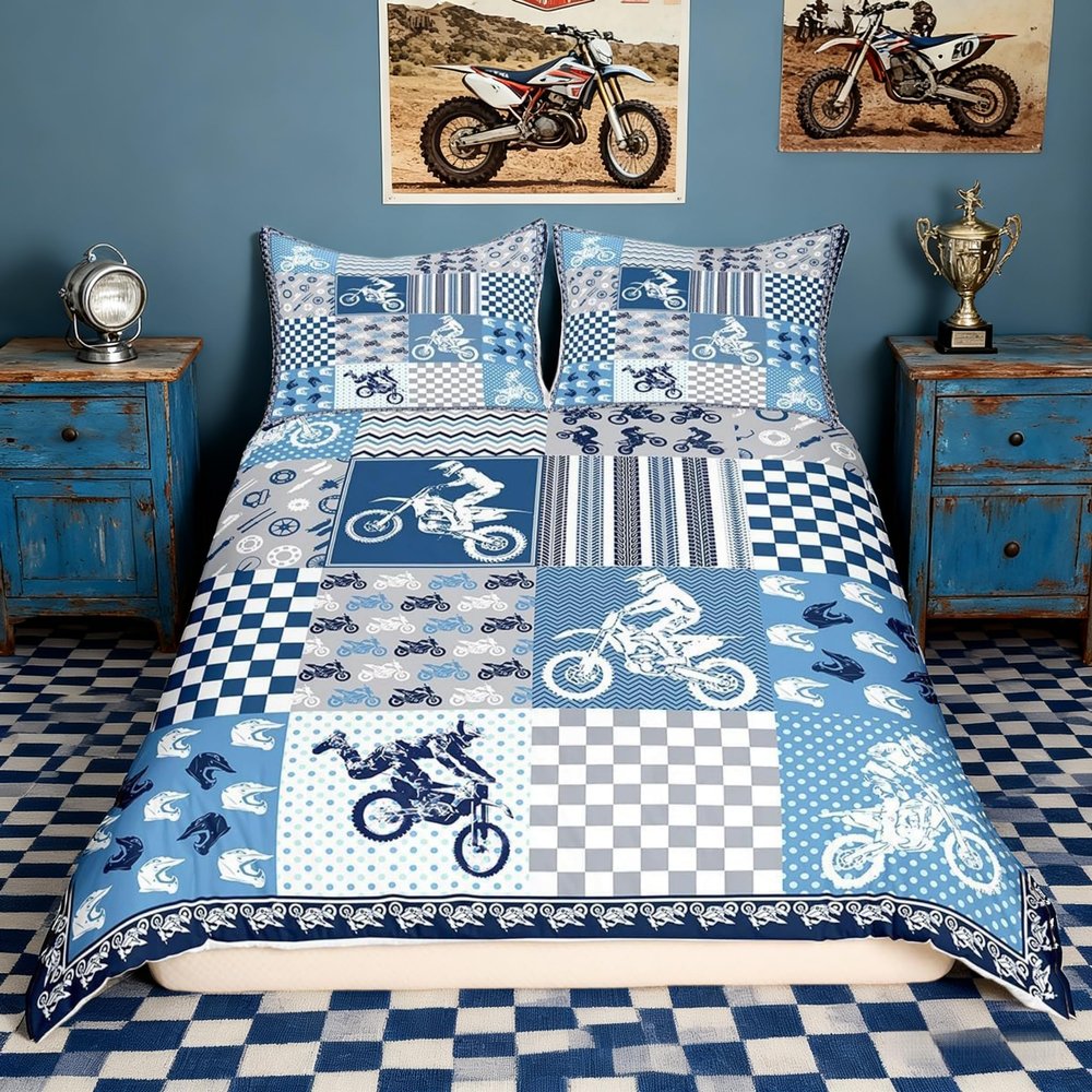 Dirt Bike Duvet Cover,Motocross Racer Bedding Set,Blue and Gray Grid Comforter Cover for Boys Girls Kids Room Decor,Stripes Square Bedspread Cover Twin Size with 1 Pillow Case(No Comforter)