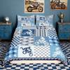 Dirt Bike Duvet Cover,Motocross Racer Bedding Set,Blue and Gray Grid Comforter Cover for Boys Girls Kids Room Decor,Stripes Square Bedspread Cover Twin Size with 1 Pillow Case(No Comforter) view 1
