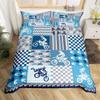Dirt Bike Duvet Cover,Motocross Racer Bedding Set,Blue and Gray Grid Comforter Cover for Boys Girls Kids Room Decor,Stripes Square Bedspread Cover Twin Size with 1 Pillow Case(No Comforter) view 3