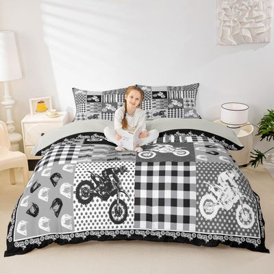 Dirt Bike Duvet Cover,Motocross Racer Bedding Set,White and Gray Grid Comforter Cover for Boys Girls Kids Room Decor,Stripes Square Bedspread Cover Twin Size with 1 Pillow Case(No Comforter)