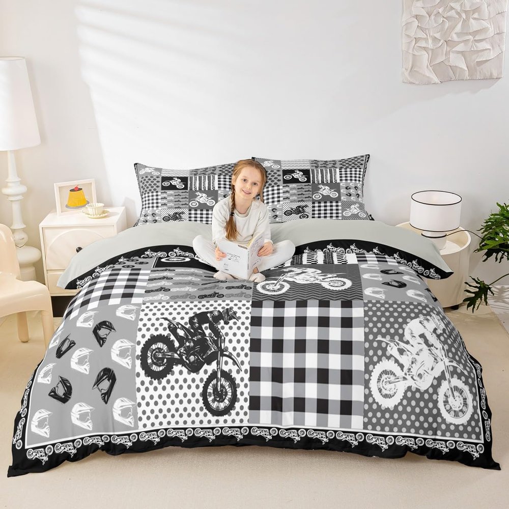 Dirt Bike Duvet Cover,Motocross Racer Bedding Set,White and Gray Grid Comforter Cover for Boys Girls Kids Room Decor,Stripes Square Bedspread Cover Twin Size with 1 Pillow Case(No Comforter)