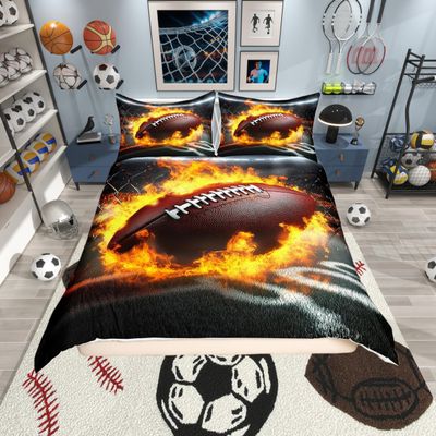 American Football Bedding Set,Sports Theme Duvet Cover for Kids Teen Girls,Flame Football Comforter Cover Decorative Room,Black and Gold Quilt Cover with 2 Pillowcases,King Size(No Comforter)