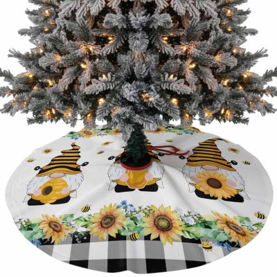 Christmas Tree Skirt, Sunflower Gnomes Christmas Tree Skirts Ornaments Dcor, Black White Plaid Farmhouse Bee Xmas Tree Skirt Mat Decorations for Holiday Party Indoor Outdoor 48 Inch